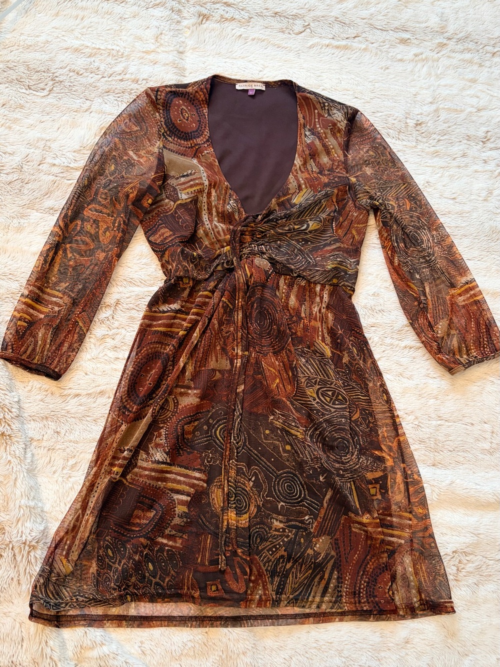 Vintage Y2K Patrice Bréal Mesh Mini Dress Brown Boho Fairycore Size 1